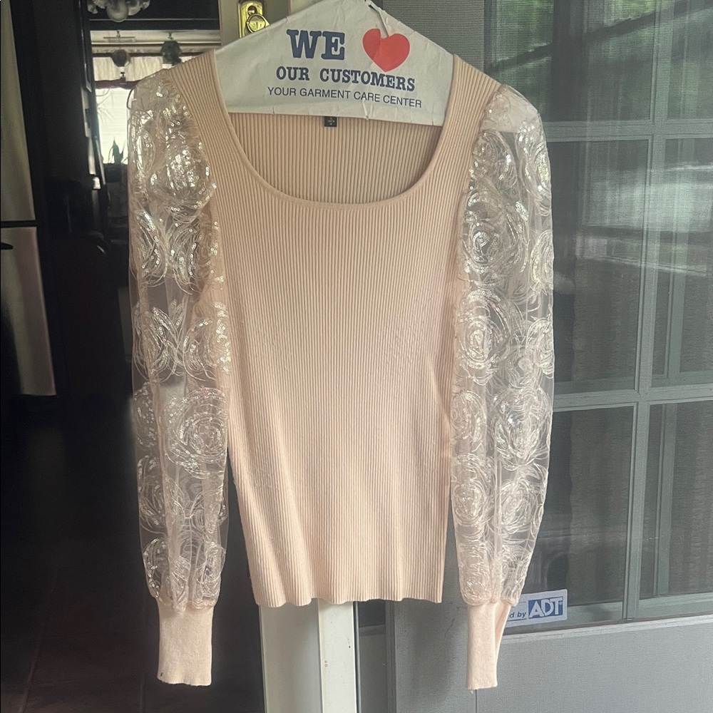 Elegant Beige Sweater with Sheer Floral Sleeves